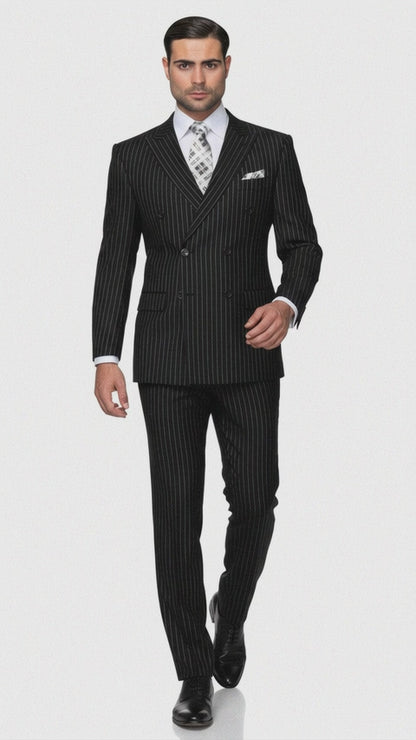 Mens Italian Wool Suit Color Black - Men's Designer Double Breasted Wool Bold Black Gangster Pinstripe Suit