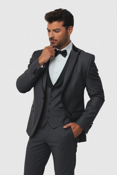 Gray Slim Fit Tuxedo 3 Piece with Satin Shawl Collar Vest
