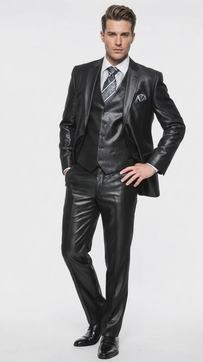 Men's Black Shiny Sharkskin 3-Piece Vested Suit – Flashy Satin Finish Formal Wedding, Prom & Party Suit