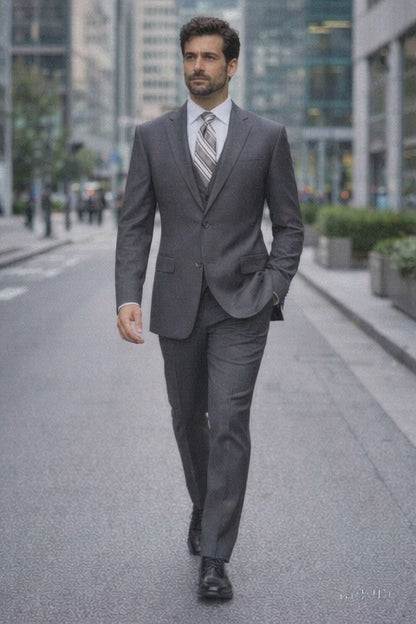 2TR Classic Fit - Executive Cut Poly-rayon Executive Pure Solid Gray Suit Notch Collar Pleated Pants