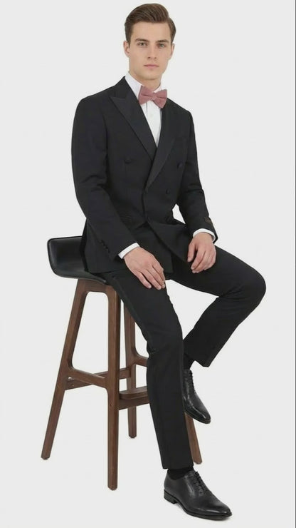 Tiglio Brand 100% Wool Super 150s Italian fabric Men’s Classic Black Double-Breasted Tuxedo with Satin Peak Lapel – Formal Wedding & Gala Suit Set