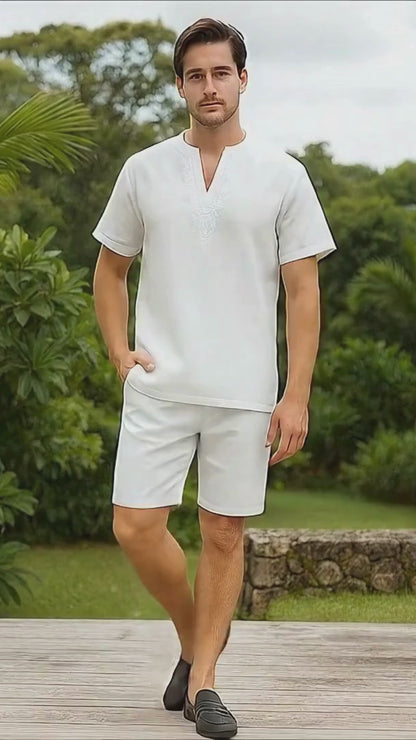 Men’s White Embroidered Short Set – Casual Summer Outfit With Walking Suit Plus Matching Pants