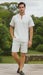 Men’s White Embroidered Short Set – Casual Summer Outfit with V-Neck Shirt and Matching Shorts