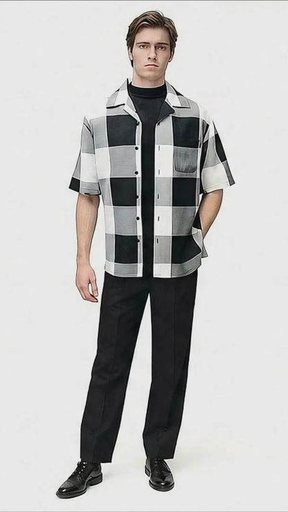 Mens Black and White Checkered Short Sleeve Shirt Set – Casual Two-Piece Summer Outfit With Walking Suit Plus Matching Pants