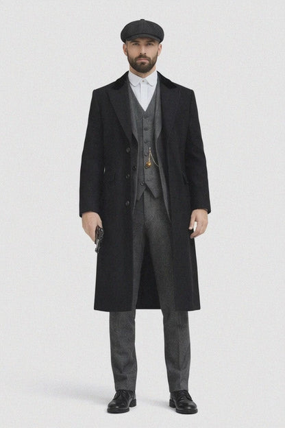 Men's Black One Chest Pocket Three Buttons Peaky Blinders Suits - Peaky Blinders Outfit + Hat (Peaky Blinders Custome)