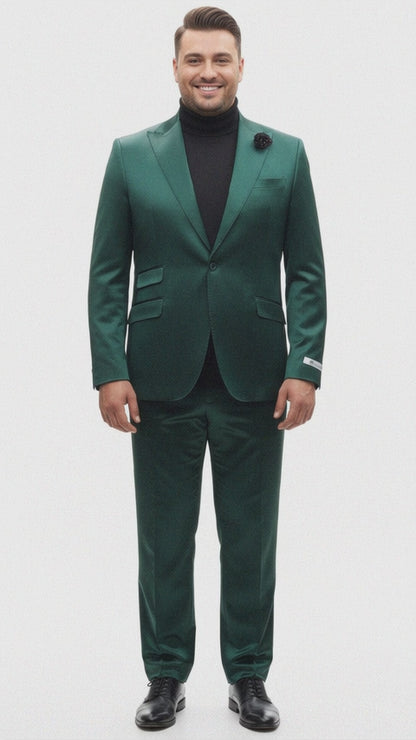 Mens Single Breast Suit Green - Sateen Shiny Fabric Metallic Fabric - Sharskin