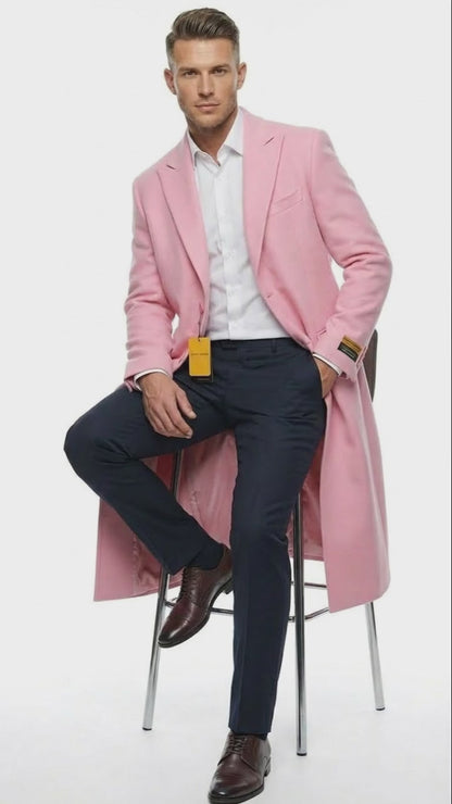 Men’s Pink Wool Blend Long Overcoat – Slim Fit Tailored Winter Coat - Carcoat - Topcoat