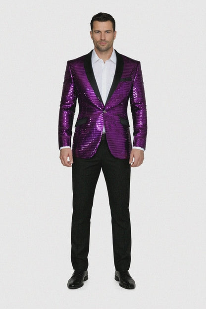 Men'S Purple Shiny Sequin Paisley 1 Button Blazer Dinner Jacket Sport Coat Jacket Sharkskin Flashy Stage Available In Peak Lapel