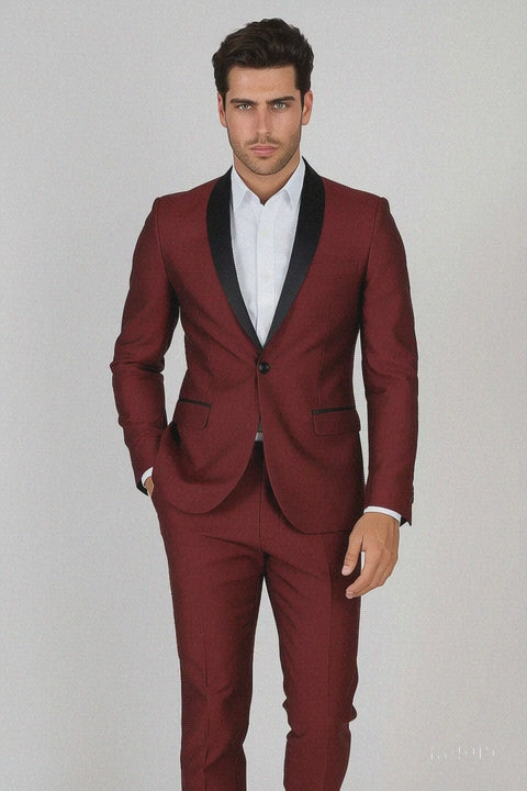 Men's Black Shawl Lapel 1 Button Classic Fit  Burgundy