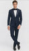 Men’s Navy Blue Jacquard Tuxedo with Black Velvet Shawl Lapel – 3 Piece Formal Suit with Bow Tie
