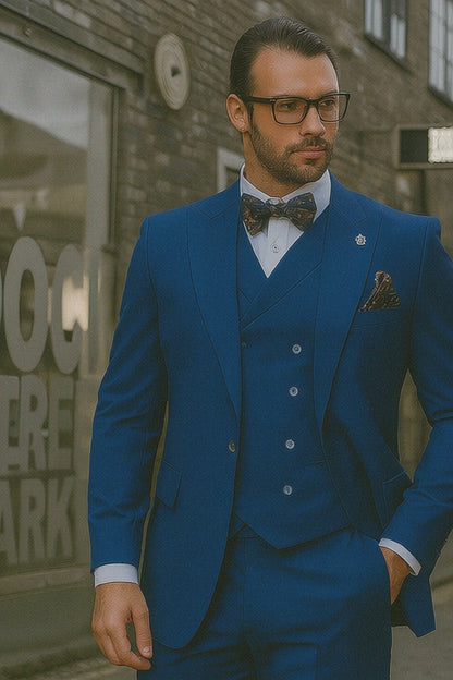 Wide leg Suits - Classic Fit Suits - Athletic Fit Suits 1 Button Vested Suits - Wool Sapphire Suits