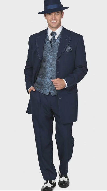 Mens 1920s Navy Blue Zoot Suit – Vintage Gangster 3-Piece Long Jacket Suit Classic Fit Pleated Pants