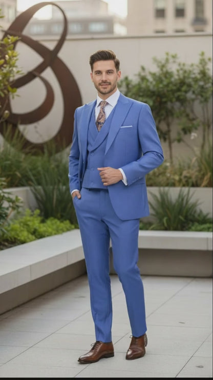 Men’s Light Blue Double-Breasted 3-Piece Suit Set – Tailored Fit Formal Business Suit in Steel Blue Sky Blue Color Modern Fit