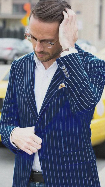 Men's Navy and Bold White Pinstripe Designer Fashion Blazer
