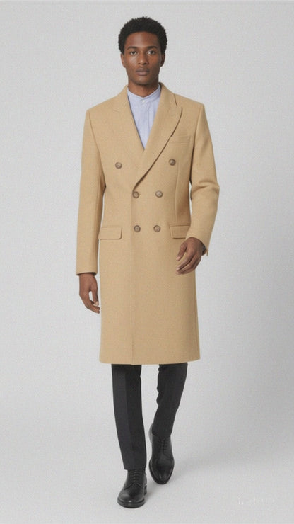 Men's Dress Coat Wool Blend Double Breasted Camel Back Vent Peak Lapel Overcoat Bronze Color Alberto Nardoni Collection