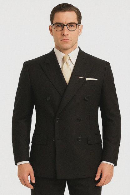 Men's Legend Tom Hardy Look Double Breasted Solid Black Suit