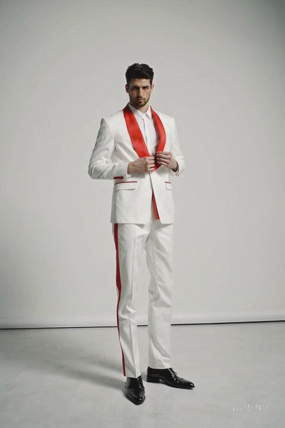 Mens 1 Button Shawl Lapel White And Hot Red Wedding / Prom Outfit Tuxedo Suit + White Pants & White Vest