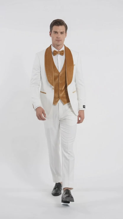 Men's White & Gold Tuxedo – Velvet Shawl Lapel 3 Piece Wedding & Prom Suit