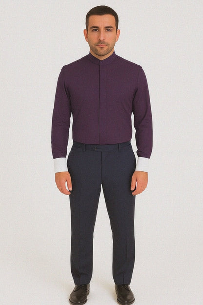 Men's Fashion Hidden Button French Cuff Mandarin Collarless Preacher Round Style Men's Dress Shirt
