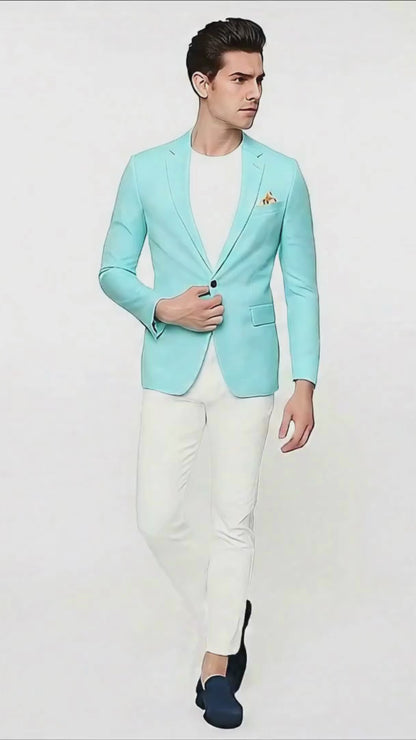 Men’s Aqua Blazer – Slim Fit One Button Suit Jacket with Stylish Floral Inner Lining - Light Turquoise