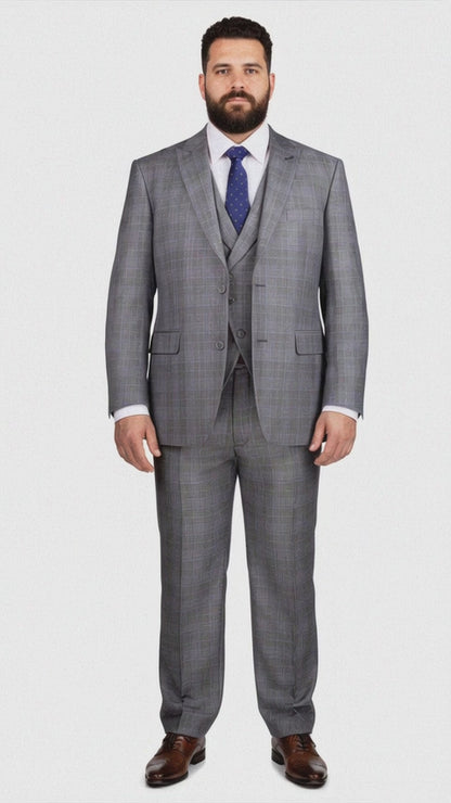 Mens 2 Button Vested Peak Lapel Plaid Suit in Grey Modern Fit