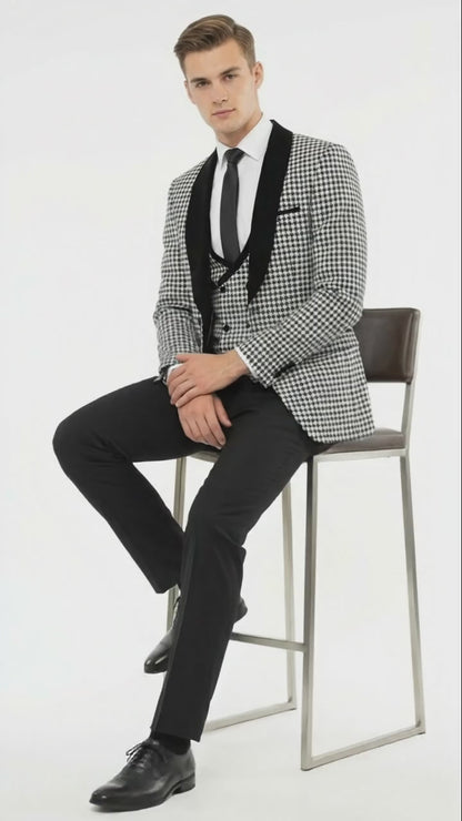 Men’s Black and White Houndstooth Tuxedo Set with Velvet Shawl Lapel | 3-Piece Formal Suit with Black Double-Breasted Vest