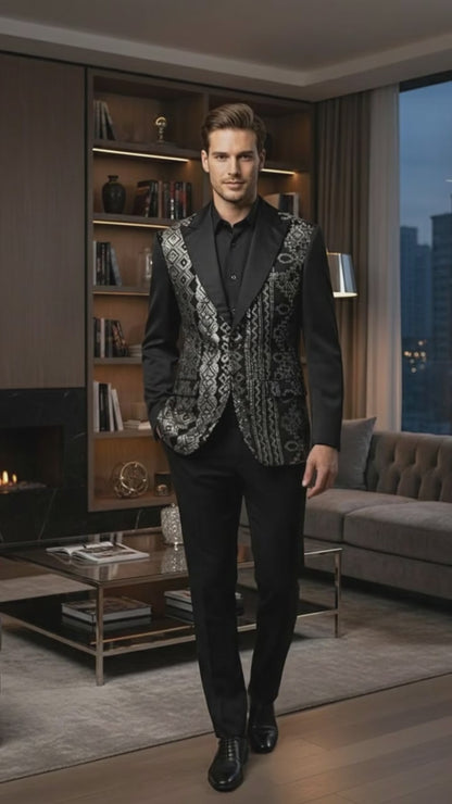 Mens Black and White and Silver Sequin Embroidered Blazer – Luxury Designer Party Wear with Geometric Detailing