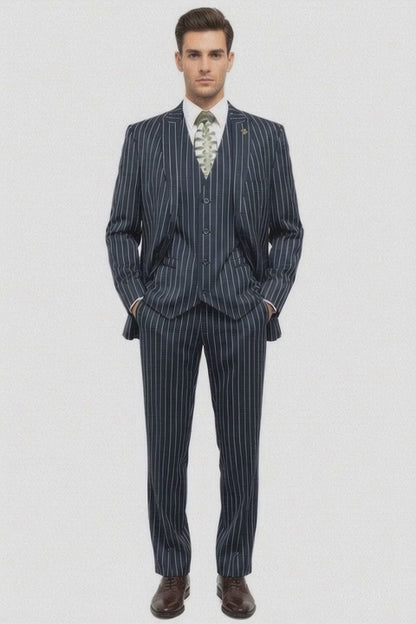 Men’s 1920s Gangster Dark Blue Bold Pinstripe 3 Piece Suit, Vested Fashion Suit with Pleated Pants
