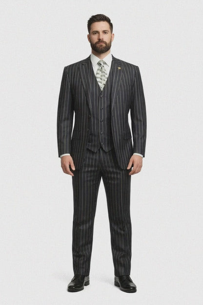 Mens 2 Button Gangster Pinstripe Suit in BLACK / GREY / BURGUNDY Modern Fit