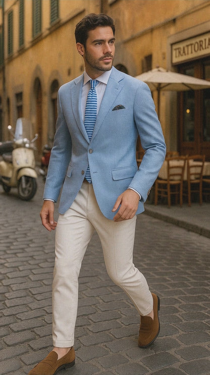 Mens Blazer - Cheap Priced Mens Sport Coat - Mens Classic Two Button Linen & Cotton Summer Sport Coat Blazer In Sky Blue Houndstooth