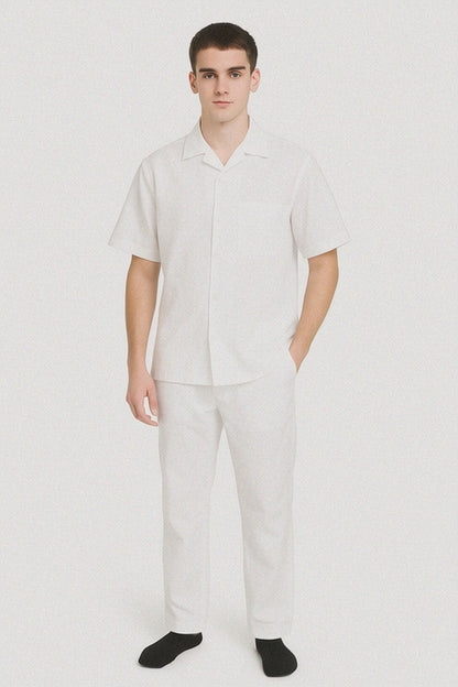 Men's Two Piece Shirt And White Casual Set Walking Leisure Suit - Mens Linen Suit