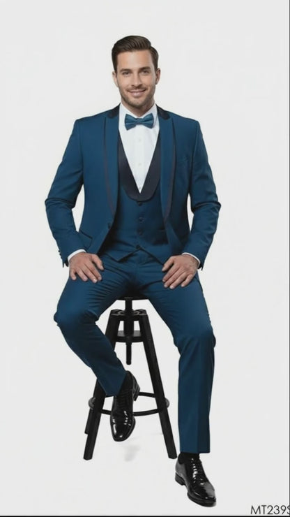 Men’s Teal Blue Tuxedo – 3-Piece Formal Suit with Satin Shawl Lapel, Vest, and Pants in Saphire Cobalt Blue Color