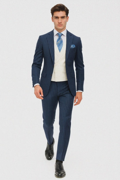 Men'S 2 Button Chalk Bold Stripe ~ Pinstripe Blue Shawl Collar 1920'S 30'S Fashion Vintage Patterns No Vest Included Suit