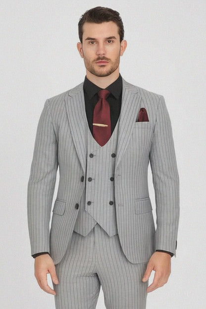 1920s Mint Grey And Black Pinstripe Suit - Vested Stripe Gangster Suits - SAM371SK-01 Modern Fit
