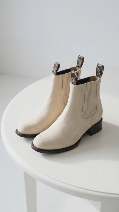 Men’s Hueso Bone White Charro Ankle Boots, Square Toe Western Leather Botines Para Hombre