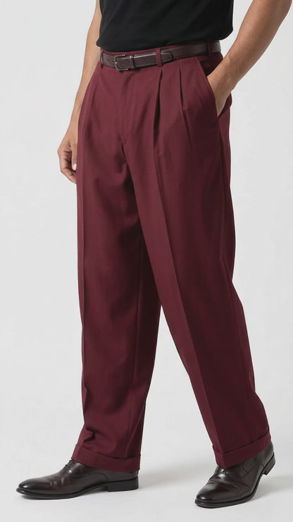 Pacelli Men’s Burgundy Pleated Wide Leg Dress Pants, Wine Maroon Baggy Fit Slacks with Unhemmed Bottoms