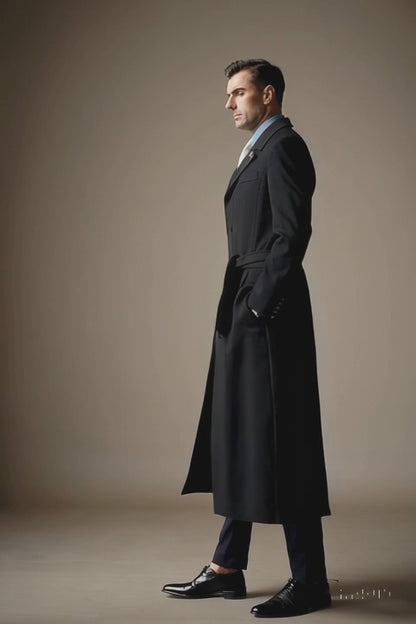 Men's Dress Coat Belted Very Dark Grey Almost Black Full Length Blend Long Men's Dress Topcoat -  Winter coat Very Dark Grey Almost Black Color - Men's Overcoat