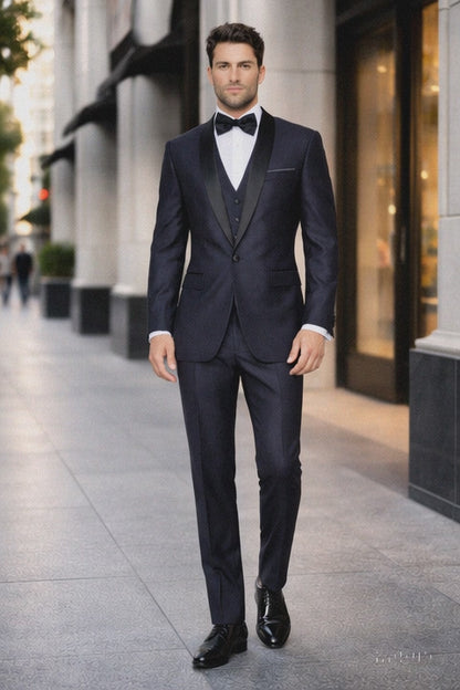 Indigo Shiny Tuxedo Vested Suit - Sateen Sharkskin Fabric Groom Suit