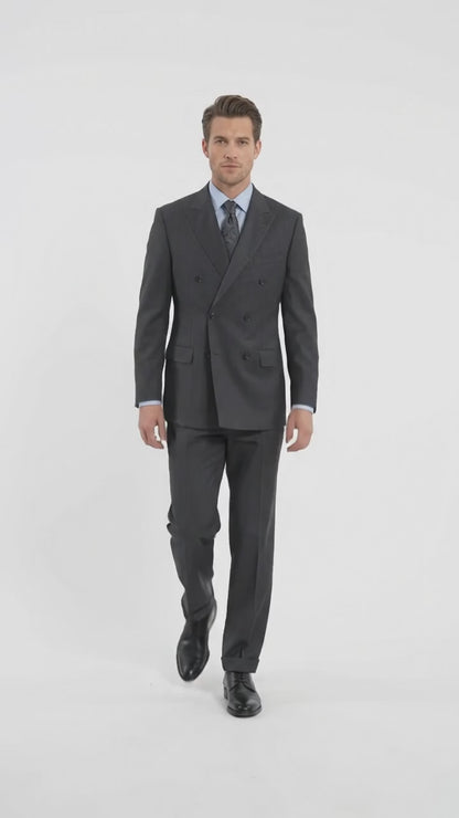 Men’s Dark Grey Double-Breasted Wool Suit – Peak Lapel, Side Vent & Pleated Pants Formal Suit