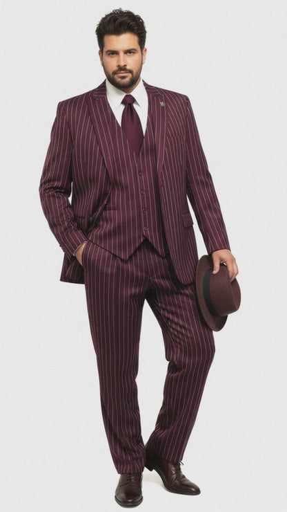 Men's Gangster Bold PinStripe Stripe Chalk Pinstripe Vested 3 Piece Fashion Suits 1920;s 30s Fashion in 10 Colors Collection For August/1/2021 Modern Fit