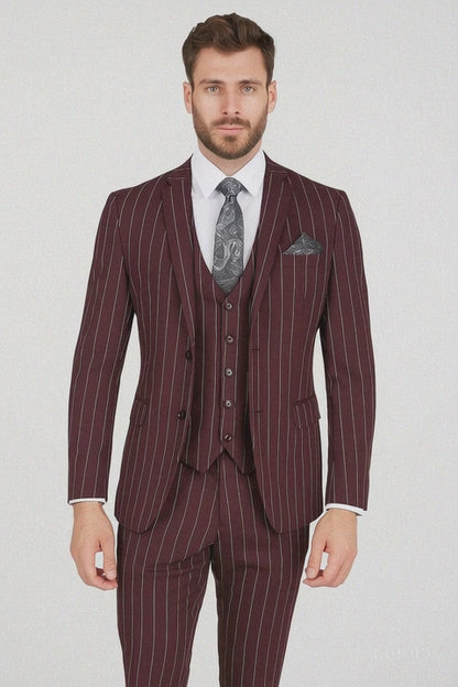 Men's Bold Gangster 1920s Burgundy Suit Vintage Dark Burgundy ~ White Gangster Bold Stripe 2 Buttons Vested Suit Black and Bold White Stripe (MO845) Modern Fit