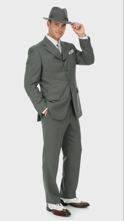 Men’s 1920s Olive Zoot Suit  – 4 Buttons  Gangster Wide Lapel Long Jacket 3-Piece Suit in Olive Color Classic Fit Pleated Pants