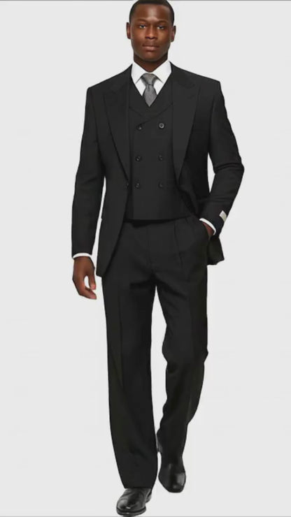 Mens Tiglio Rosso Suit - Wide Leg Baggy Pants - 100% Wool Black Three-Piece Classic Fit Suit with Double-Breasted Vest and Peak Lapel