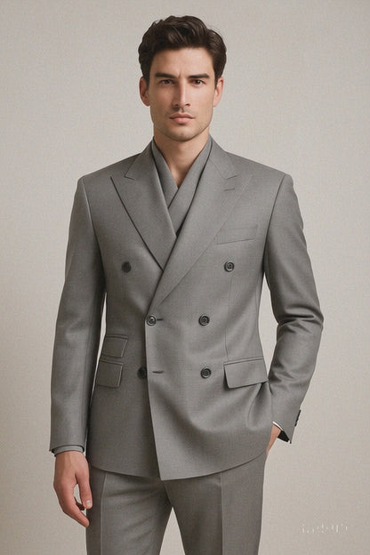 Tiglio Rosso Suit - Classic Fit Athletic Cut 100% Wool Super 150s Italian Fabric Peak Lapel Pleated Pants in Gray or Black or Navy Blue