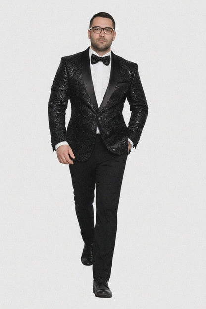 Men'S Sharkskin Flashy Stage Shiny Sequin Paisley Blazer Dinner Jacket 1 Button Black Sport Coat Jacket