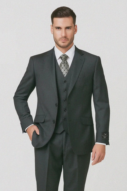 Men's Charcoal Pinstripe 3 Piece 2 Button Italian Designer Suit Flat Front No Pleated Pants - Three Piece Suit