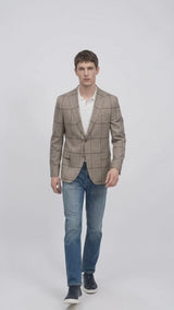 Men’s Tan Beige Peaky Blinders Glen Plaid Blazer English Style Textured Wool Winter Sport Coat Checkered Windowpane
