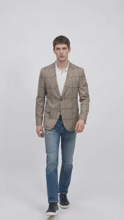 Men’s Tan Beige Peaky Blinders Glen Plaid Blazer English Style Textured Wool Winter Sport Coat Checkered Windowpane