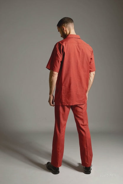 Men's 2 Piece Red Linen Short Sleeve Casual Two Piece Mens Walking Outfit For Sale Pant Sets Casual Big Size Suit