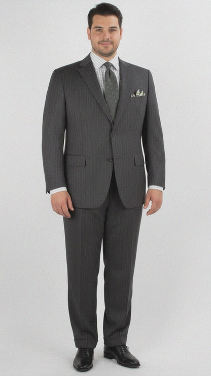 Men'S 2 Piece 100% Executive Suit - Charcoal With Silver Stripe ~ Pinstripe - 100% Percent Wool Fabric Suit - Worsted Wool Business Suit